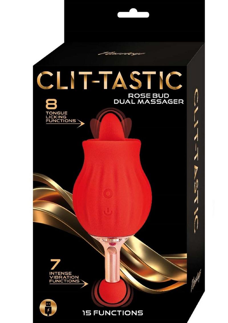 Clit-Tastic Rose Bud Dual Massager Rechargeable Silicone with Clitoral Stimulator