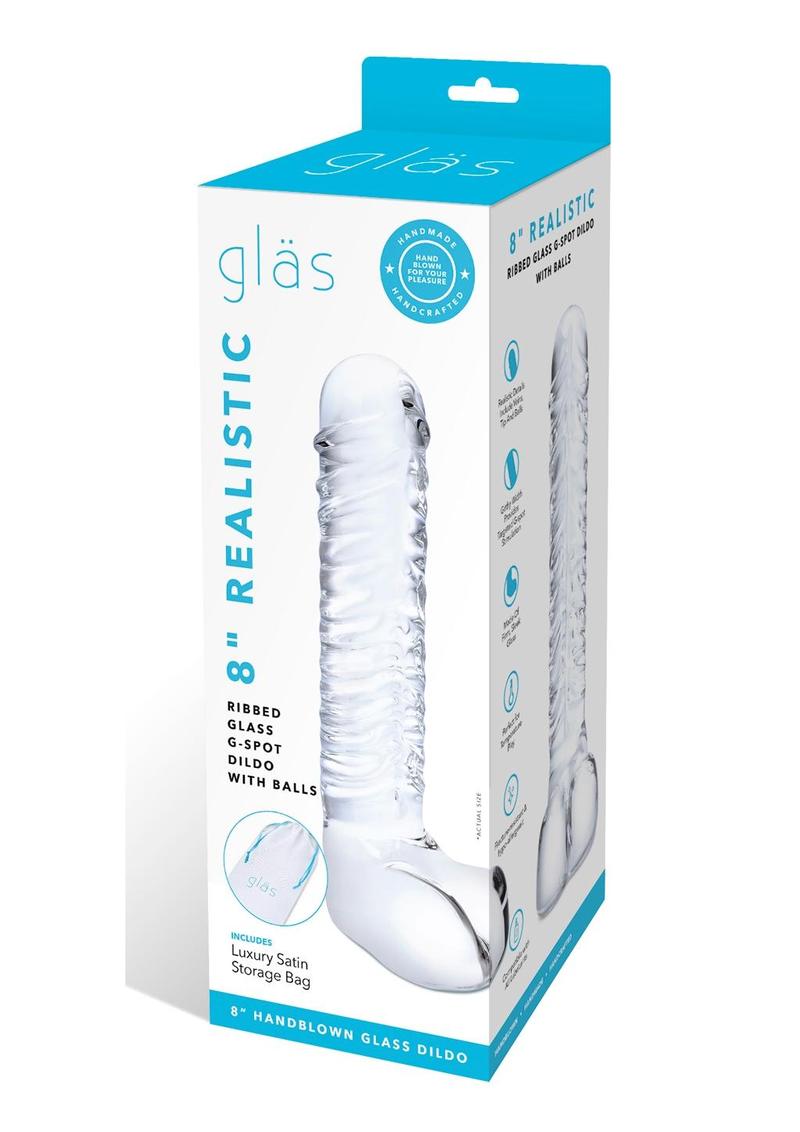 Glas Realistic Ribbed Glass G-Spot Dildo with Balls - Clear - 8in