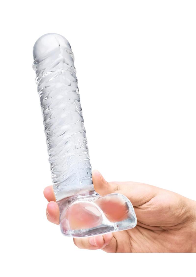 Glas Realistic Ribbed Glass G-Spot Dildo with Balls - Clear - 8in