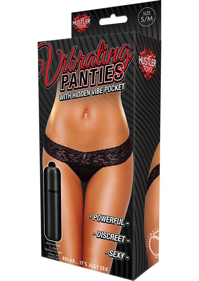 Hustler Toys Vibrating Panties Panty Vibe Lace Thong with Hidden Vibe Pocket - Black - Large/Medium