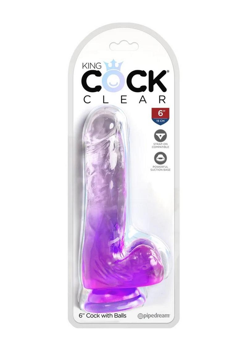 King Cock Clear Dildo with Balls - Clear/Purple - 6in