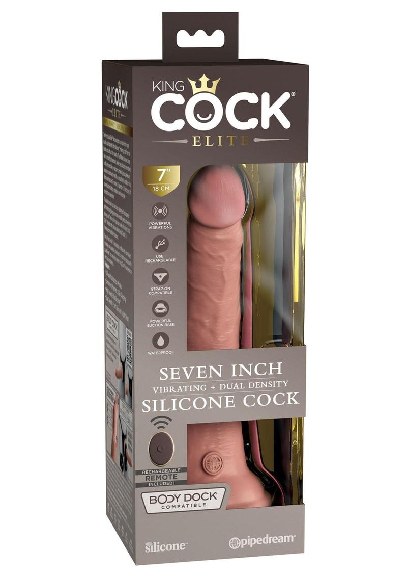 King Cock Elite Dual Density Vibrating Rechargeable Silicone with Remote Control Dildo - Vanilla - 7in