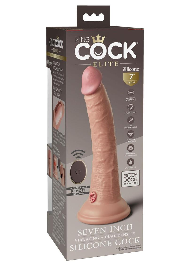 King Cock Elite Dual Density Vibrating Rechargeable Silicone with Remote Control Dildo - Vanilla - 7in