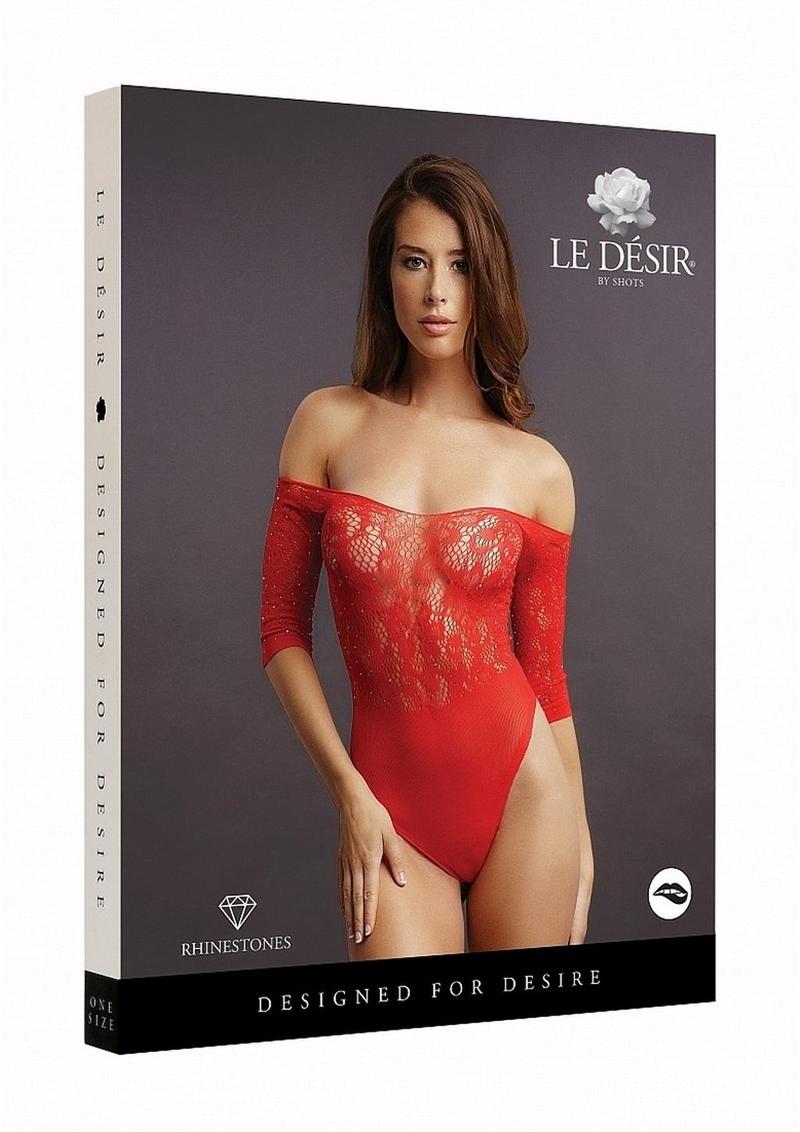 Le Desir Crotchless Rhinestone Teddy - Red - One Size