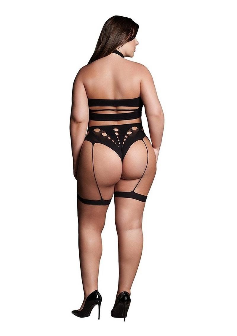 Le Desir Shade Ananke Xii Three Piece with Choker, Bandeau Top and Pantie with Garters - Black - Queen