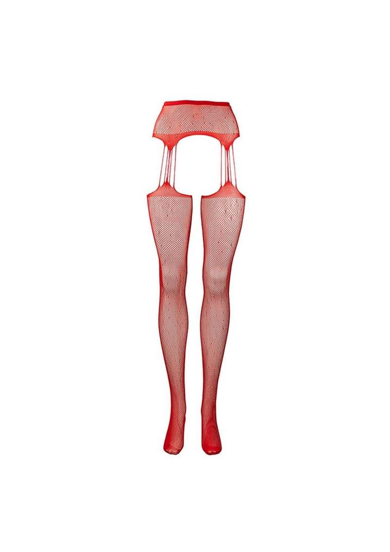 Le Desir Suspender Rhinestone Pantyhose - Red - One Size