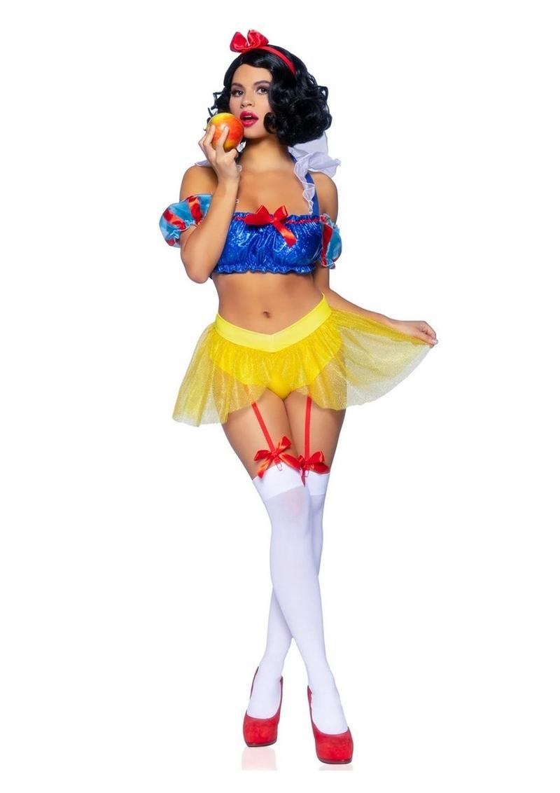 Leg Avenue Bad Apple Snow White, Shimmer Halter Bandeau with Organza Puff Sleeves and Ruffle Collar, Garter Panty with Shimmer Sheer Skirt, and Matching Bow Headband