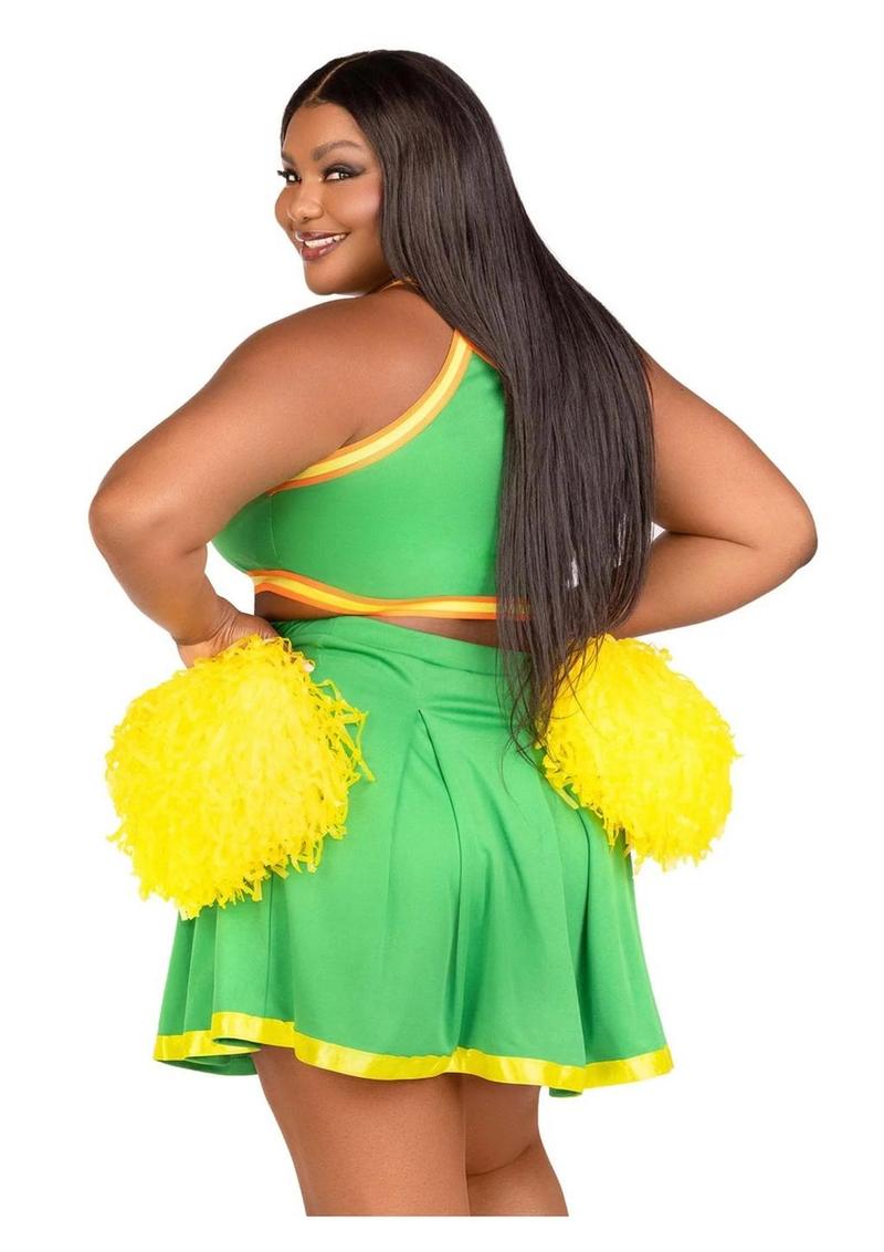 Leg Avenue Bring It Baddie Set Top with Cheer Logo, Pleated Skirt and Pom Pom (3 Piece) - 1x/2x - Green