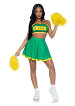 Leg Avenue Bring It Baddie Set Top with Cheer Logo, Pleated Skirt and Pom Pom - Green - Medium/Small - 3 Piece