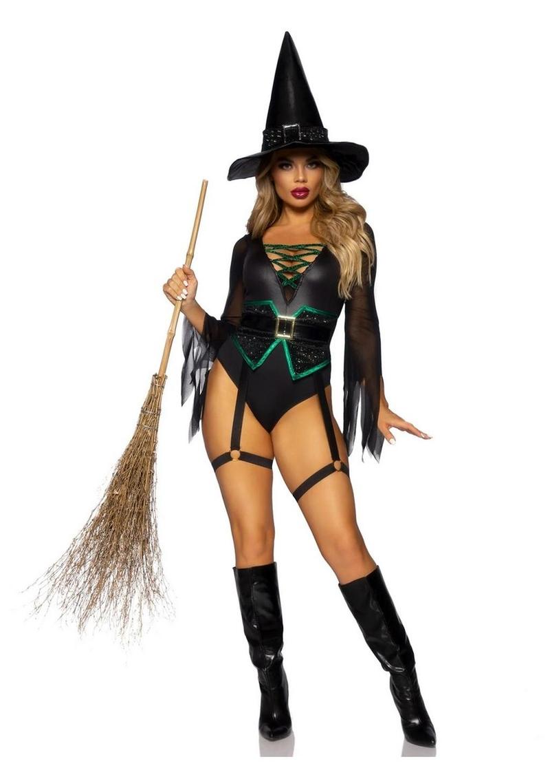 Leg Avenue Broomstick Babe Bodysuit with Lace Up Deep-V and Waist Cincher Buckle Accent, Attached Garters, and Witch Hat