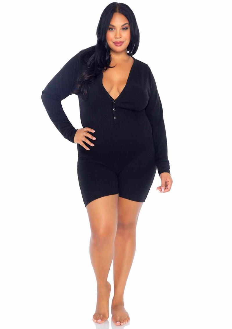 Leg Avenue Brushed Rib Romper Long Johns with Cheeky Snap Closure Back Flap - Black - Queen/XLarge/XXLarge