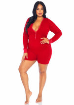 Leg Avenue Brushed Rib Romper Long Johns with Cheeky Snap Closure Back Flap - Red - Queen/XLarge/XXLarge