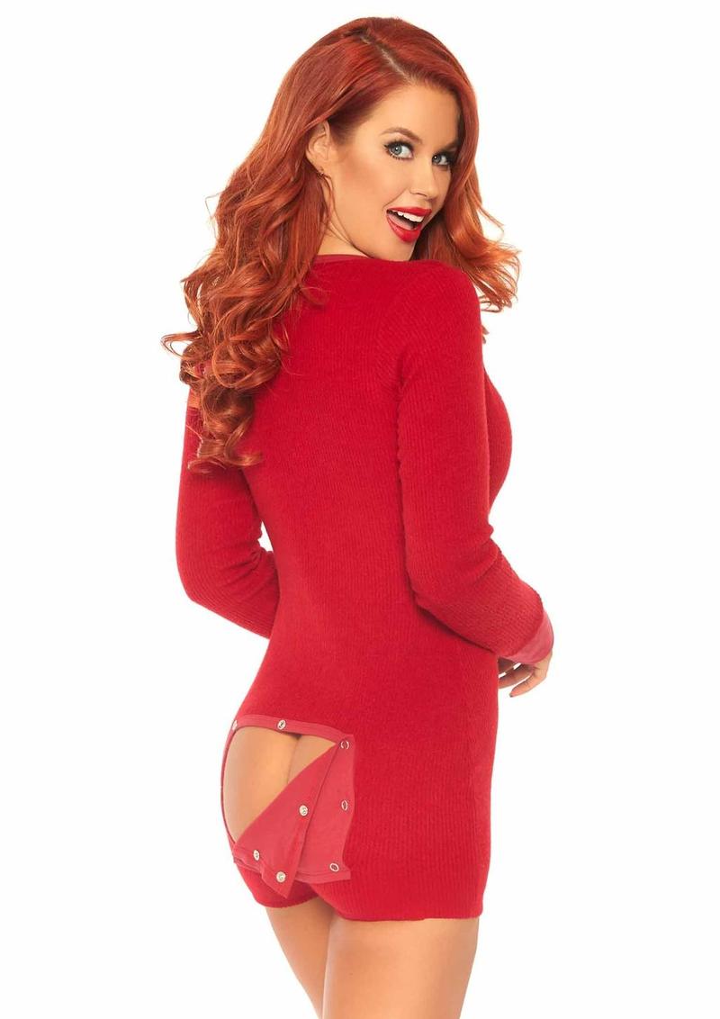 Leg Avenue Brushed Rib Romper Long Johns with Cheeky Snap Closure Back Flap - Red - XLarge