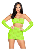 Leg Avenue Checkerboard Net and Opaque Bandeau Mini Skirt and Arm Warmers - Green/Neon Green - One Size