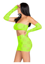 Leg Avenue Checkerboard Net and Opaque Bandeau Mini Skirt and Arm Warmers - Green/Neon Green - One Size