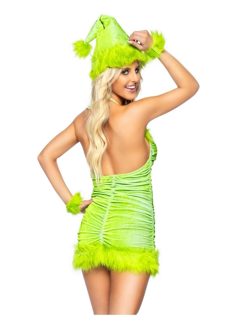 Leg Avenue Christmas Baddie Set Ruched Velvet Dress with Tie Back Halter Straps and Fur Trim, Wrist Cuffs, and Hat - Green - Large - 3 Piece