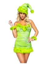 Leg Avenue Christmas Baddie Set Ruched Velvet Dress with Tie Back Halter Straps and Fur Trim, Wrist Cuffs, and Hat - Green - Medium - 3 Piece