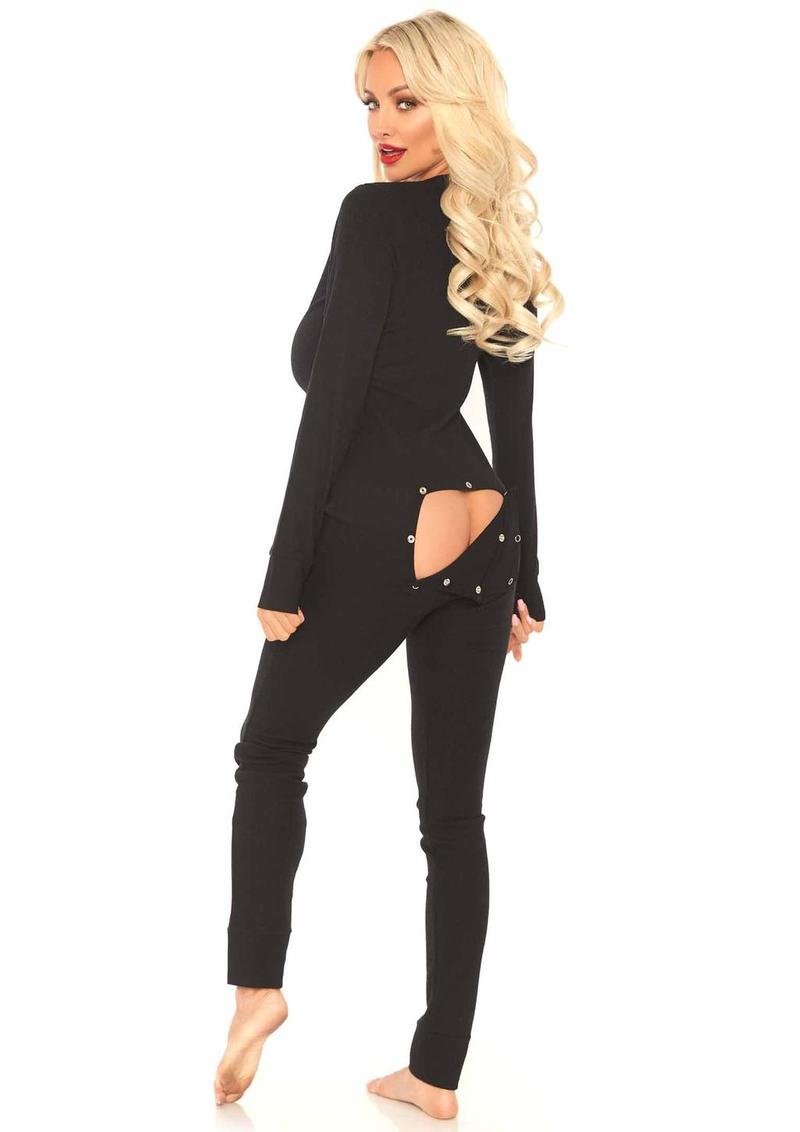 Leg Avenue Cozy Brushed Rib Long Johns with Cheeky Snap Closure Back Flap - Black - Medium/Small