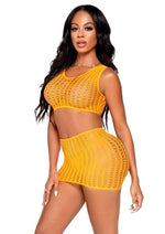 Leg Avenue Crochet Net Tank Crop Top and Mini Skirt - Neon Orange/Orange - One Size - 2 Pieces