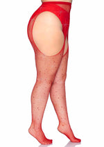 Leg Avenue Crystalized Fishnet Suspender Pantyhose - Red - Queen/XLarge/XXLarge