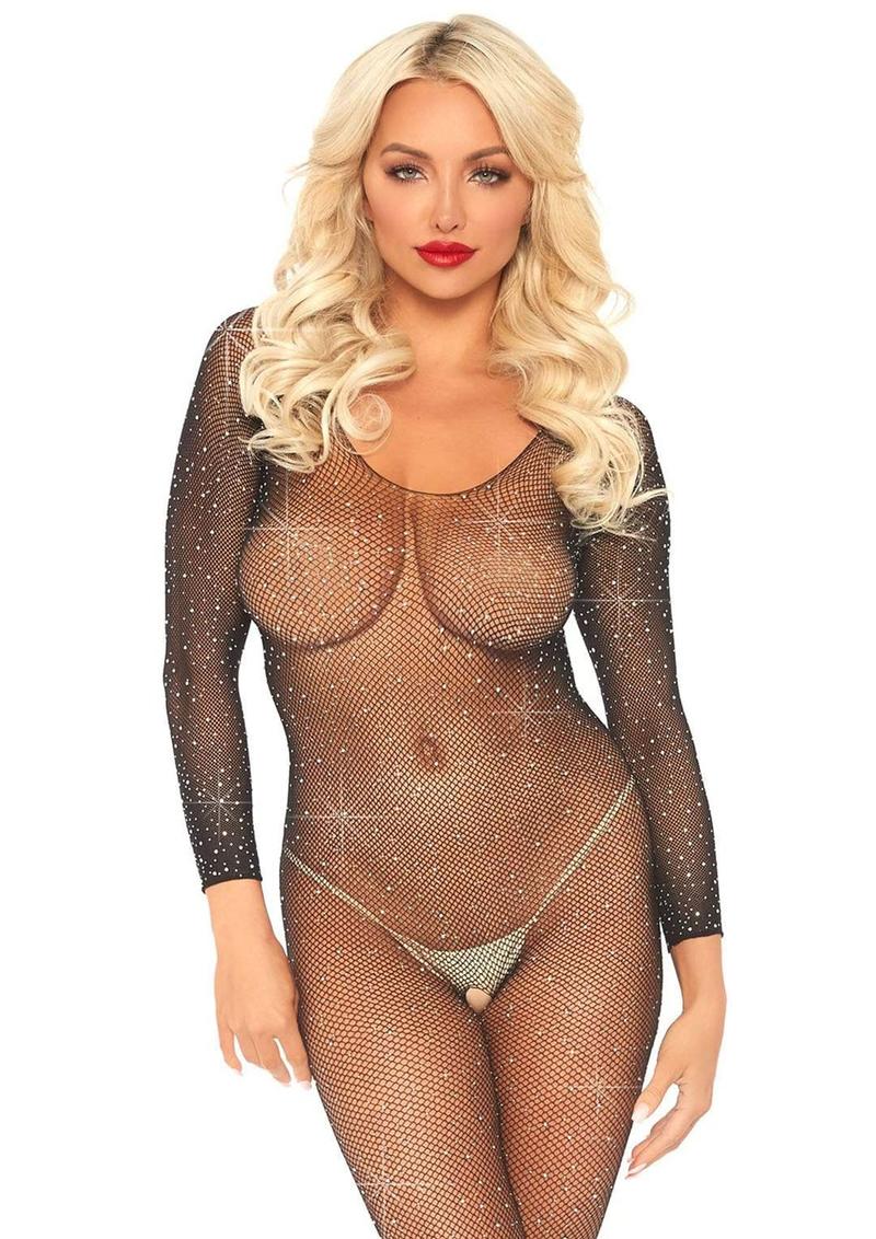 Leg Avenue Crystalized Seamless Fishnet Long Sleeved Bodysuit - Black - One Size