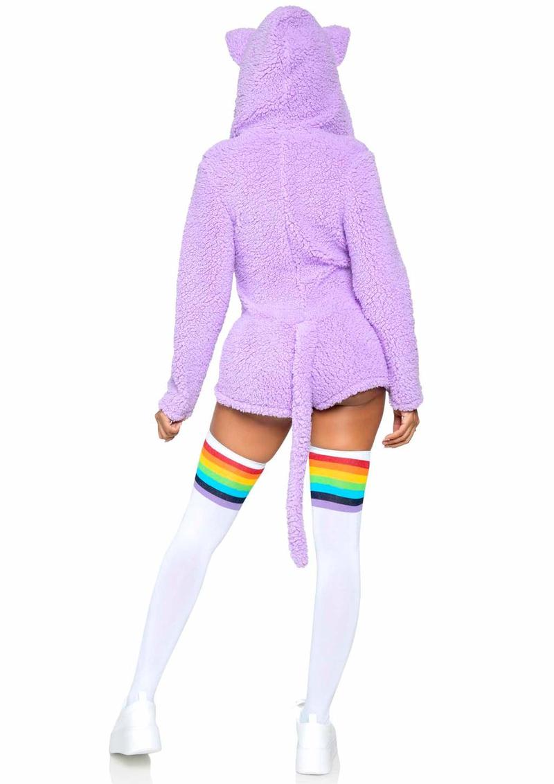 Leg Avenue Cuddle Kitty Ultra Soft Zip Up Romper with Cat Ear Hood and Tail - Lavender/Purple - Medium