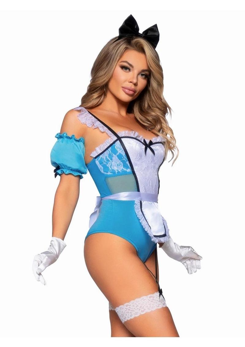 Leg Avenue Curious Miss Alice Lace Trimmed Garter Bodysuit with Sheer Panels, Puff Sleeves, Apron, and Bow Headband - Blue/White - Small - 4 Piece