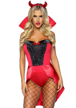 Leg Avenue Devilish Darling Tux and Tails Bodysuit with Stay Up Collar, Pin-On Devil Tail, and Sequin Devil Horn Headband - Red - Large - 3 Piece