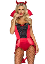 Leg Avenue Devilish Darling Tux and Tails Bodysuit with Stay Up Collar, Pin-On Devil Tail, and Sequin Devil Horn Headband - Red - Medium - 3 Piece