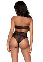 Leg Avenue Dotted Net Keyhole Halter Crop Top with Lace Accents and High Waist Thong Panty - Black - One Size - 2 Pieces