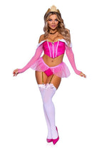 Leg Avenue Dreamy Princess Velvet Boned Crop Top with Jewel Accent, Garter Panty with Peplum Skirt, Removable Clear Straps, and Crown Headband - Pink - Large - 4 Piece