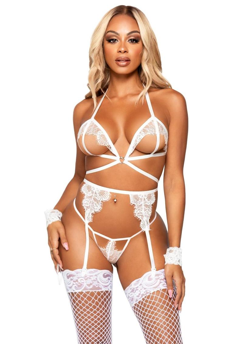 Leg Avenue Eyelash Lace Cage Strap Open Cup Bra with Heart Ring Accent, Garter Belt, G-String Panty and Wrist Cuffs