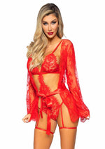 Leg Avenue Eyelash Lace Garter Teddy with G-String Back and Adjustable Straps, Lace Robe and Ribbon Tie - Red - Medium - 3 Pieces