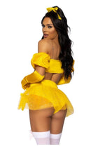 Leg Avenue Fairytale Beauty Glitter Shimmer Bra Top with Gathered Rosette Center and Puff Sleeves, High Waist Panty with Ribbon Pick-Up Skirt, Removable Clear Straps, and Matching Hair Ribbon - Yellow - XSmall - 4 Piece