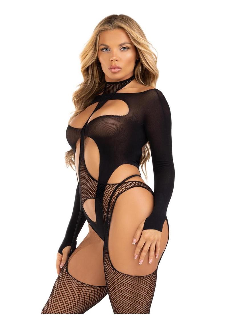 Leg Avenue Fishnet Halter Suspender Bodystocking and Layered Opaque Cut-Out Teddy