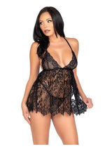 Leg Avenue Floral Lace Babydoll with Eyelash Lace Scalloped Hem Adjustable Cross-Over Straps and G-String Panty - Black - Small