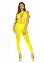 Leg Avenue Floral Lace Convertible Footless Bodystocking with Opaque Panel Detail - Neon Yellow/Yellow - One Size