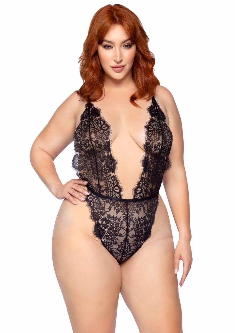 Leg Avenue Floral Lace Teddy with Adjustable Straps and Cheeky Thong Back, Matching Lace Robe with Scalloped Trim and Satin Tie - Black - Queen/XLarge/XXLarge - 3 Pieces