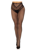 Leg Avenue French Cut Crotchless Fishnet Tights with Heart Backseam and Faux Lace Up Back - Black - One Size