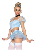 Leg Avenue Glass Slipper Cinderella Boned Sweetheart Crop Top with Organza Sleeves, Garter Panty with Shimmer Sheer Skirt, Ribbon Choker, and Matching Hair Band - Blue - Large - 4 Piece