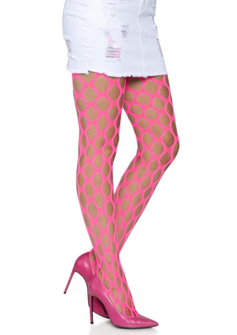 Leg Avenue Jumbo Pothole Net Tights - Neon Pink/Pink - One Size