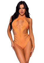 Leg Avenue Lace Cut Out Strappy Bodysuit - Neon Orange/Orange - One Size