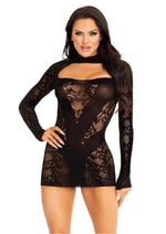 Leg Avenue Lace Keyhole Mini Dress with Opaque Panel Detailing and Gloved Sleeves