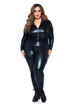 Leg Avenue Lame Zipper Front Cat Suit - 1x/2x - Black