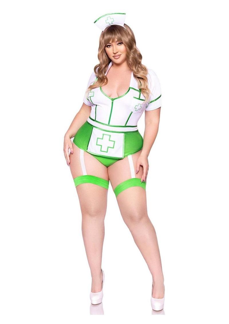 Leg Avenue Nurse Feelgood Snap Crotch Garter Bodysuit with Attached Apron and Hat Headband - Green/White - Queen/XLarge/XXLarge - 2 Piece