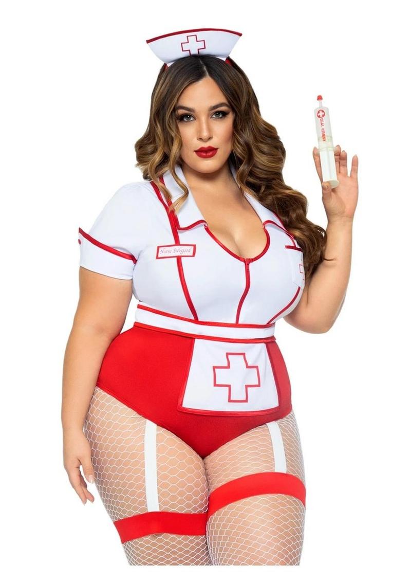 Leg Avenue Nurse Feelgood Snap Crotch Garter Bodysuit with Attached Apron and Hat Headband