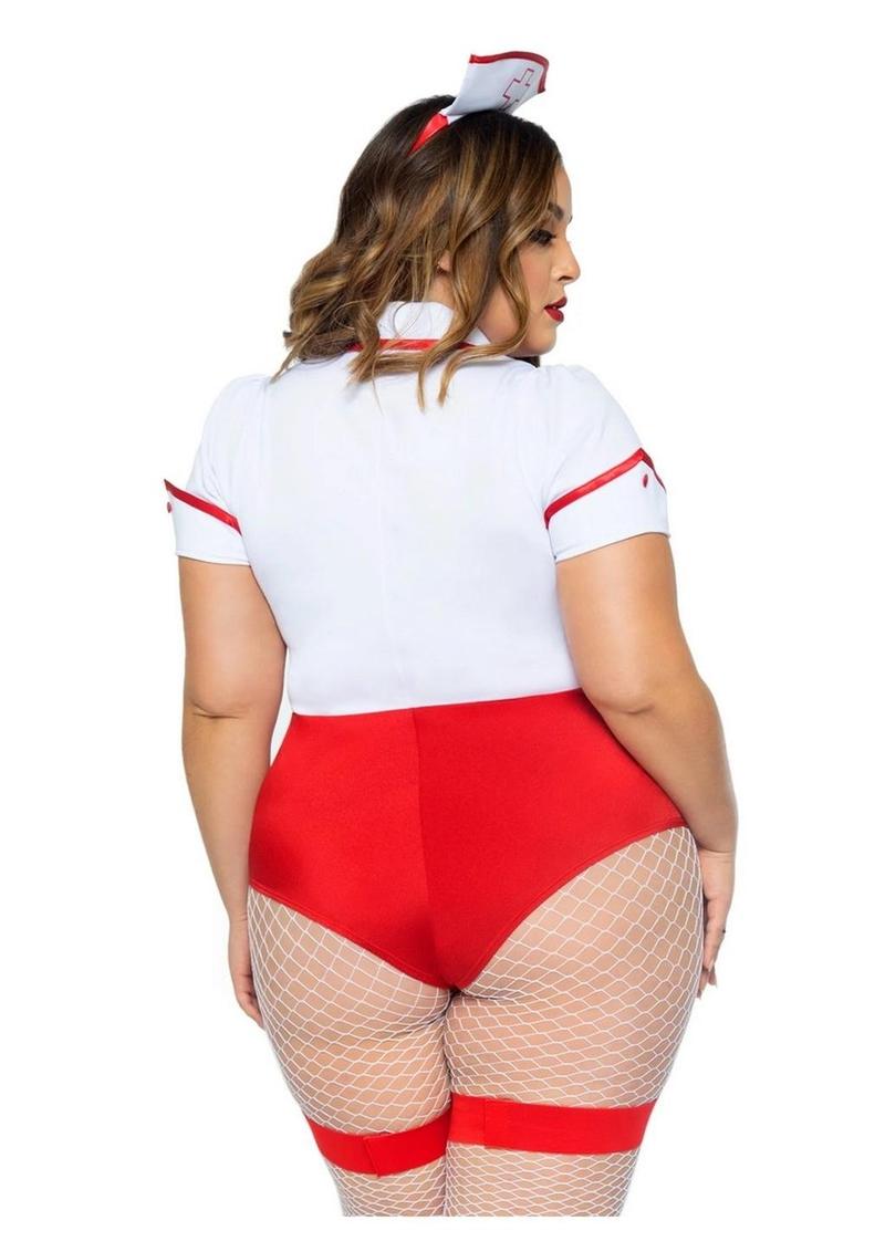 Leg Avenue Nurse Feelgood Snap Crotch Garter Bodysuit with Attached Apron and Hat Headband - Red/White - Queen/XLarge/XXLarge - 2 Piece