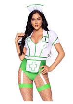 Leg Avenue Nurse Feelgood Snap Crotch Garter Bodysuit with Attached Apron and Hat Headband