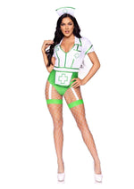 Leg Avenue Nurse Feelgood Snap Crotch Garter Bodysuit with Attached Apron and Hat Headband - Green/White - Small - 2 Piece