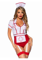 Leg Avenue Nurse Feelgood Snap Crotch Garter Bodysuit with Attached Apron and Hat Headband